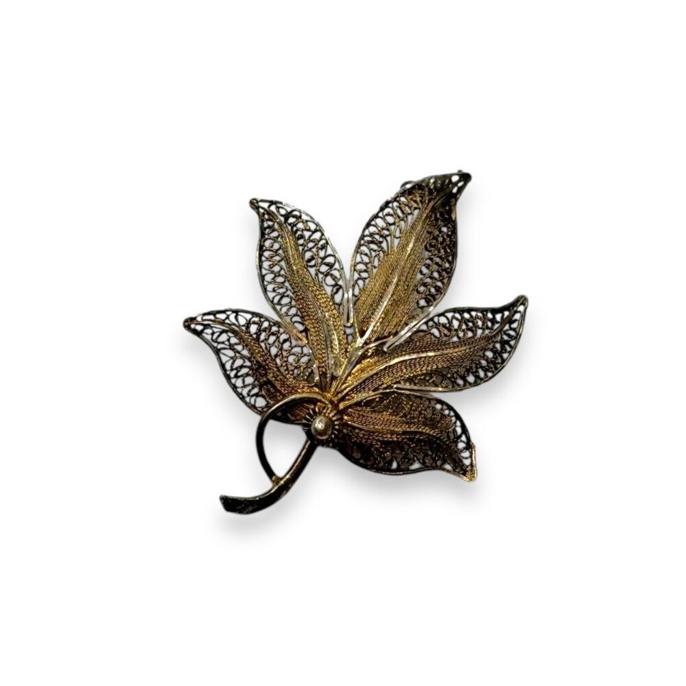Filigree Leaf Brooch Pin Gold Vermeil Sterling Silver 2.21g Vintage